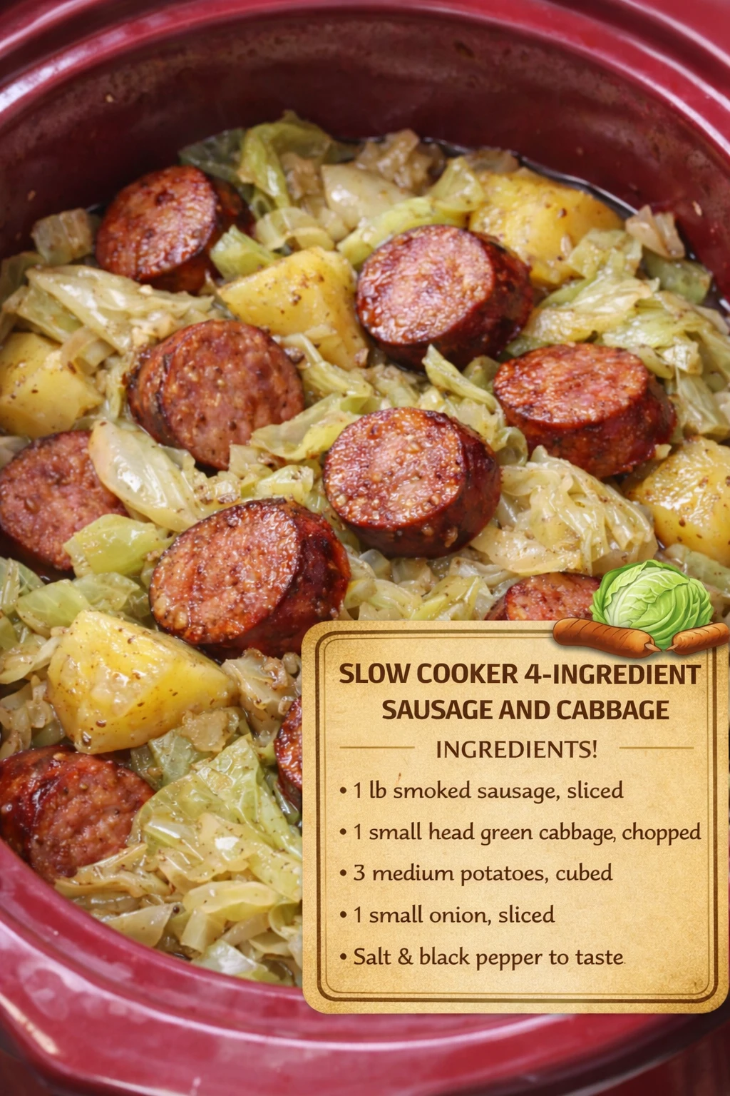 Easy 4-Ingredient Slow Cooker Sausage and Cabbage Dinner